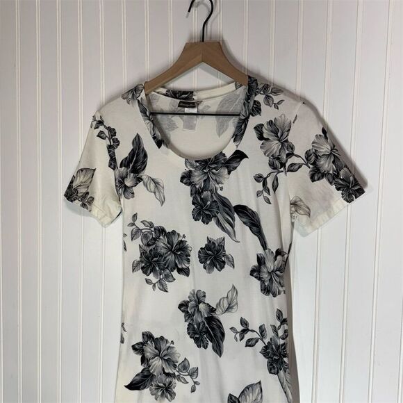 Tommy Bahama Floral T-Shirt Dress Women’s  M White Black Hibiscus Cotton Stretch - Picture 2 of 5